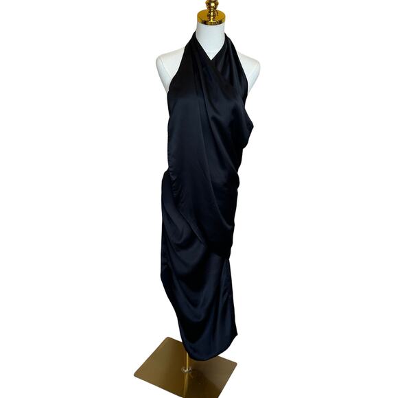 Arias Black Satin Halter Gown Size 2 Cocktail Asymmetric Ruched Maxi Dress $850 - Picture 3 of 11